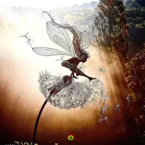 Fairies Wire Dandelion Flower Fairy Stainless Steel Garden Art Sculpture Steel Statue Outdoor Courtyard Lawn Terrace Art Decor