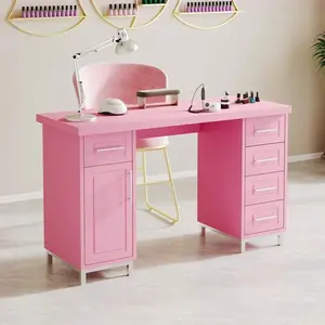 Pink Or Black Or White Wooden Manicure Table, 43 Inch Nail Tech Desk, Nail Station With 5 Drawers And Cabinet, Large Storage Capacity, Sturdy Construction, Home And Professional Salon Furniture