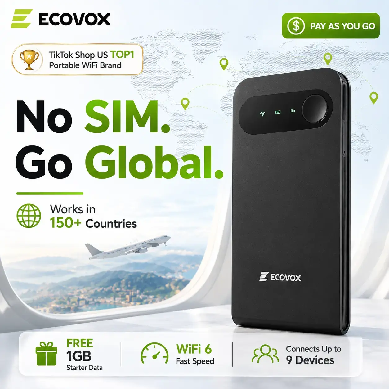 ECOVOX 4G LTE Unlocked Global Travel Pocket WiFi Hotspot Device, Multi-Carrier 150Mbps High-Speed Tri-Band Router, FCC Listed, 86g Pocket-Sized, Built-In Li-Ion, Free 1GB Monthly Global Data for RV & Road Trips (Flash Sale)