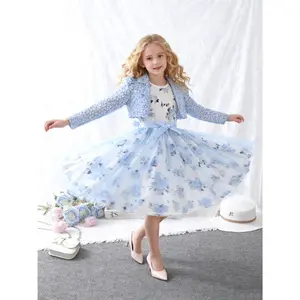 New Girls' Autumn 2-Piece Fashion Set: V-Neck Floral Print Long-Sleeve Outer Jacket, Rose Print Vest Dress with Spliced Mesh, Included Belt – Stylish, Versatile for Daily Casual Wear, Outdoor Outings