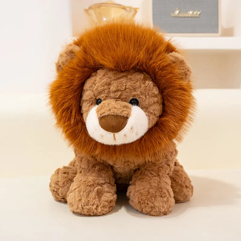 Soft, fluffy small lion plush toy with large mane—soothing pose; persimmon plush figurine; companion stuffed animal for home decor