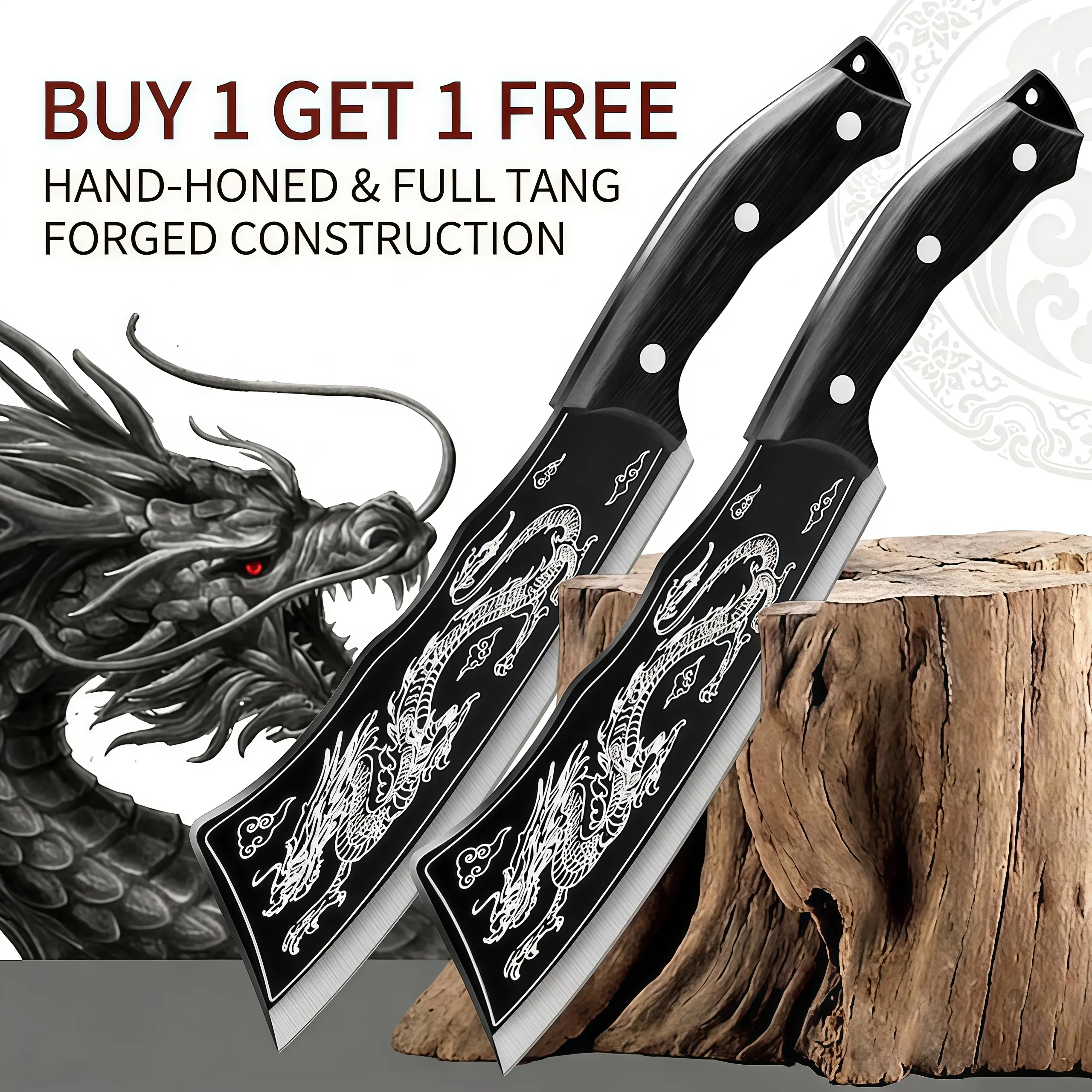 [Set of 2] Professional Carbon Steel Forged Blade Kitchen Knives - Cleaver-Shape Dragon Cleaver, Non-Stick, Black, Full Tang Slicing Knife for Kitchen, Outdoor Camping