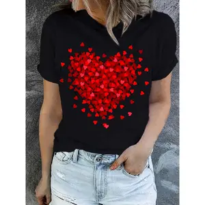Heart Print T-shirt, Short Sleeve Crew Neck Casual Top For Summer & Spring, Women's Clothing