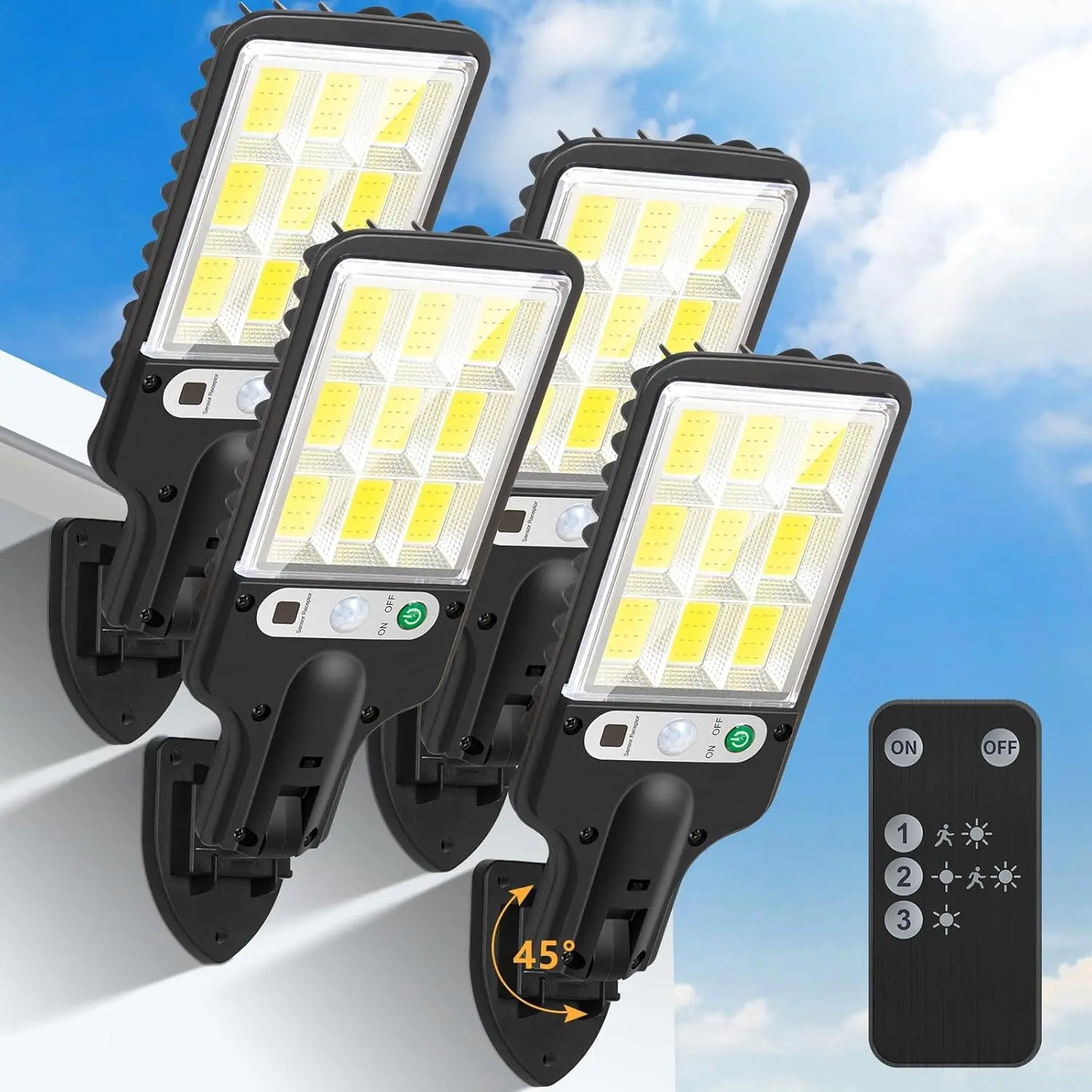4-Pack LED Solar-Powered Street Lights - 6000 Lumens 108COB Motion Sensor Wall Lamp, IP65 Waterproof, Remote Control, Durable Security Lamp for Garden, Porch, Solar Outdoor Lights
