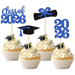 12 Piece 2026 Graduation Theme Paper Cup Cake Picks Topper, Cupcake Cake Toppers, Glitter Grad Hat Diploma Shape Cake Decorations, Party Cake Decoration Supplies