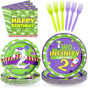 96Pcs Toy Cartoon Story 2nd Birthday Party Supplies Two Infinity and Beyond Plates and Napkins Disposable Space Adventure Tableware Set for Boys Toy Cartoon 2nd Birthday Party Decorations Serves 24