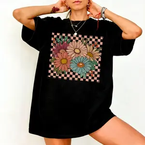 Vintage Floral TShirt, Retro Checkered Flowers T-Shirt, Womens Graphic Tee, Boho Wildflowers Cottagecore TShirt, Gift For Women