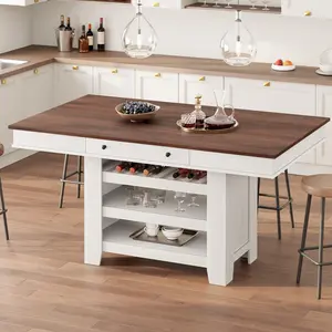 Garvee 60" Counter Height Dining Table for 4, Farmhouse Rectangular Tall Bar Height Kitchen Dining Table & Thick Table Top, With Deepened Wine Rack & Shelves for Kitchen, Bar,Retro White & Brown