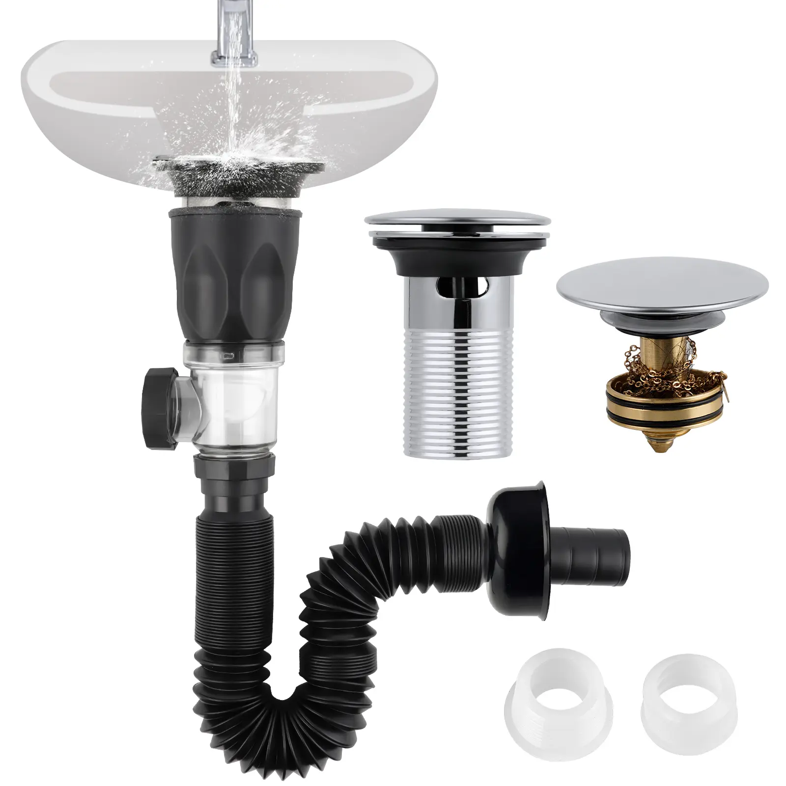 Hibbent Bathroom Sink Drain Kit for Bathroom Fixtures - Stainless Steel Flexible P-Trap Pipe, Pop-Up Stopper, Brass Bounce Core, Chrome Big Cover Cap, 2 Adapters for 1-1/4in, 1-1/2in, 2in Sink Holes (Replacement Use, Hair Blocker Accessory), Drainage Feat
