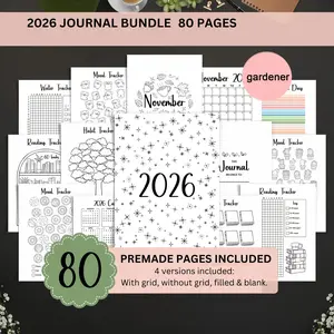 2026 Journal Bundle Planner, Planner Notebook, Premade Bullet Journal Pages, Yearly Monthly Trackers, Habit Mood Trackers, Bujo Pages, Journal Kit