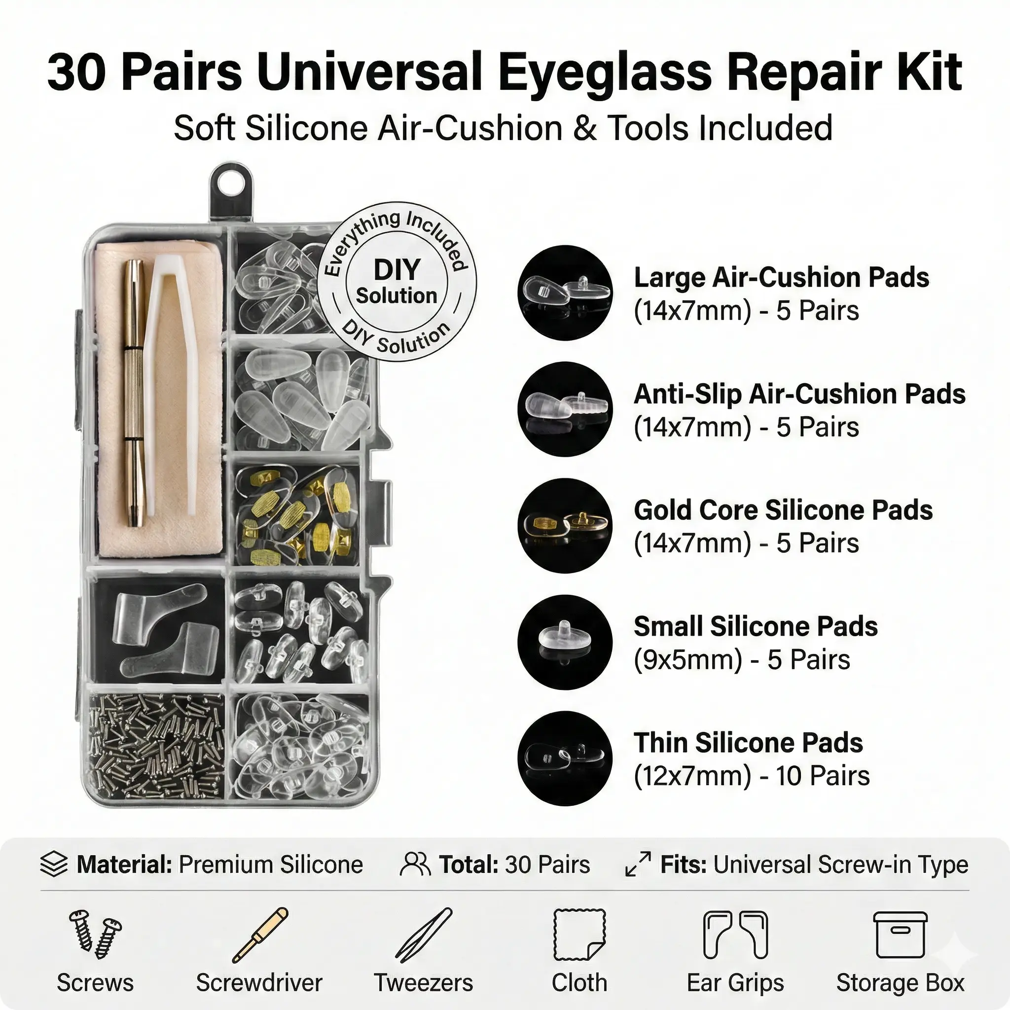 Eyeglass Nose Pads Kit · Upgraded Ultra-Soft Silicone Air Cushion Pads · Anti-Slip Screw-In Glasses Repair Set with Free Tools & Accessories · For Daily Glasses Wearers · Work & All-Day Comfort Replacement Durable Pressure Students, Unisex
