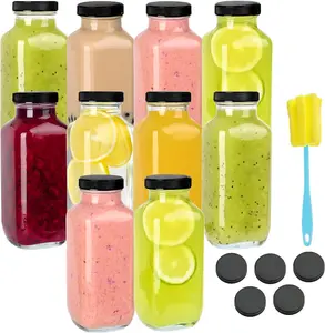 10-Pack 16oz Modern Square Glass Beverage Bottles Set - Reusable, Portable Juicing Containers with Airtight Lids, Cleaning Brush - Ideal for Juicing, Storage