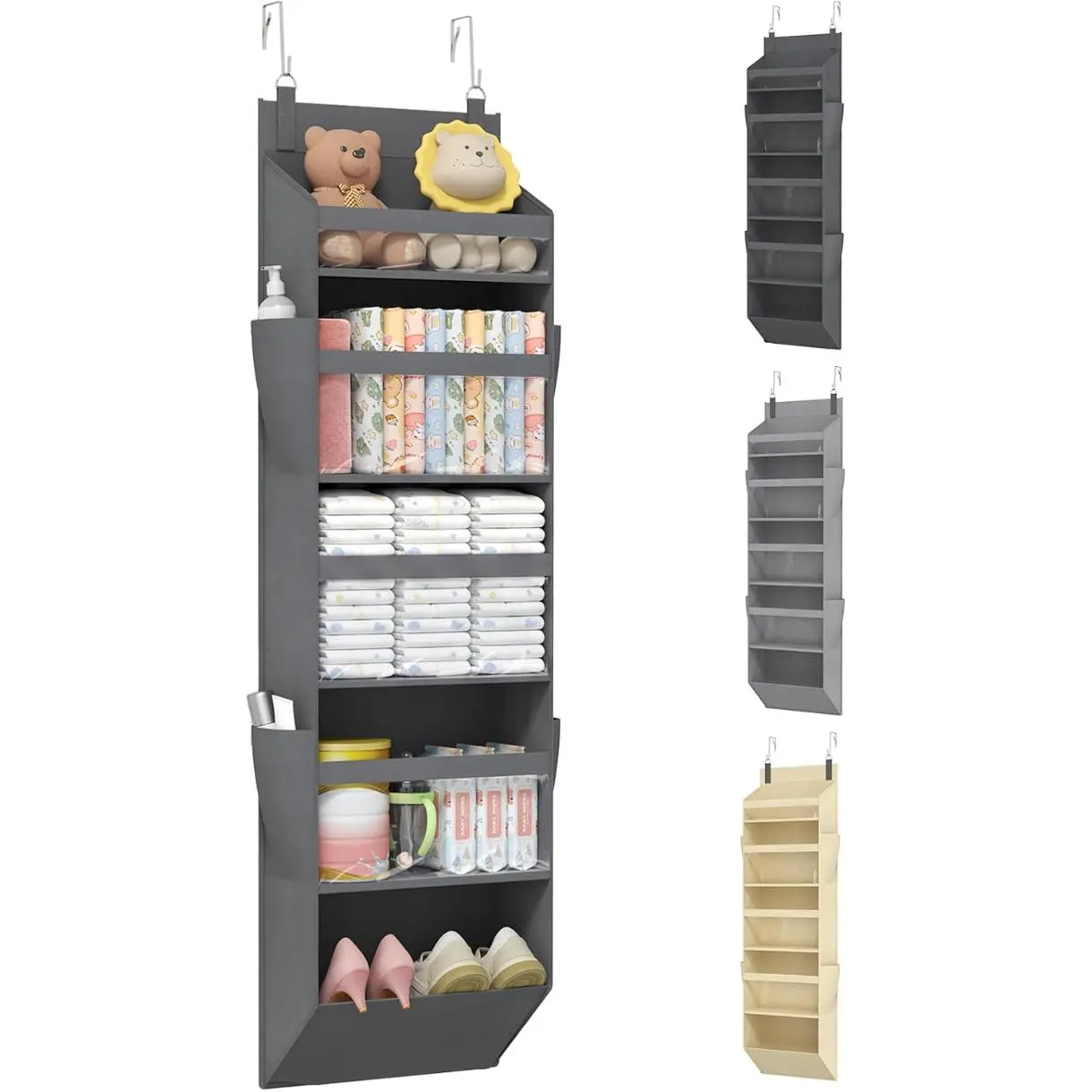1 Pack Over the Door Organizer, 5 Section Clear Window Hanging Storage with 4 Side Pockets, Sturdy Anti Tilt 40 lbs Load Behind Door for Closet, Bedroom, Bathroom, Nursery, Dorm, Dark Gray