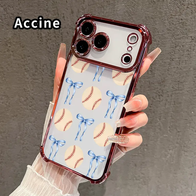 Electroplated Ribbon & Baseball Pattern Soft Shell Phone Case for iPhone 17,16 Pro Max,16 Plus,15 Plus,14,13,12,11,E,Air - Non-Slip Soft Silicone, Shockproof Airbag Drop Guard Mobile Phone Accessory, Accessories