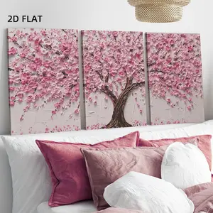 3 Counts Wood Framed Canvas 2D Pink Cherry Blossom Tree, Cherry Blossom Pattern Wall Art, Ready To Hang, Pink Decor, Waterproof Canvas, Artwork For Gift, Wall Decor for Home And Dormitory