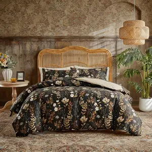 Black floral print duvet cover set (2/3 counts), vintage bohemian style bedding, Floral bedding sets, reversible, floral print, soft and washable polyester, perfect for bedroom decoration, no filling, all seasons, great gift, Boho Bed Set