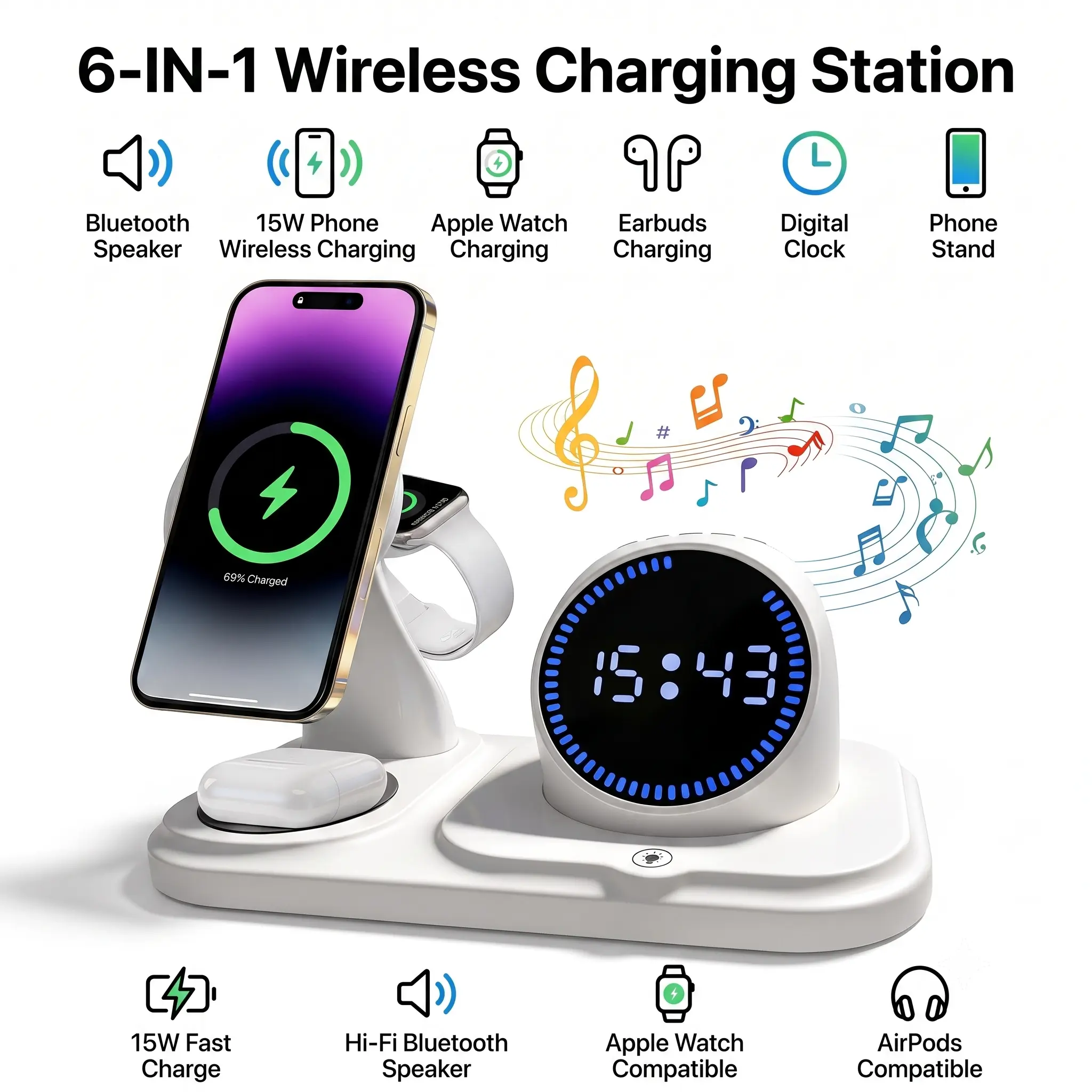 6-in-1 Electronic Bedside Wireless Charging Station - Multi-Fast Charging Stand with Digital Clock, Bluetooth Speaker, RGB Ambient Light, Automatic Sync, Compatible with Cellphone, iPhone, Mobile Android, Smart Watches & Earphones, Ideal Gift