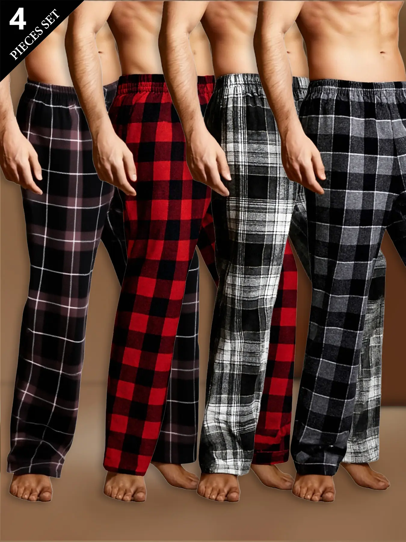 Men's Plaid Checked Sleepwear Loungewear Set 4 Piece Sleep Sets, All Season Loungewear, Casual Fitted Homeewear, Comfortable Fashion Men's Pajamas, Perfect Gift, Holiday Celebration Clothing