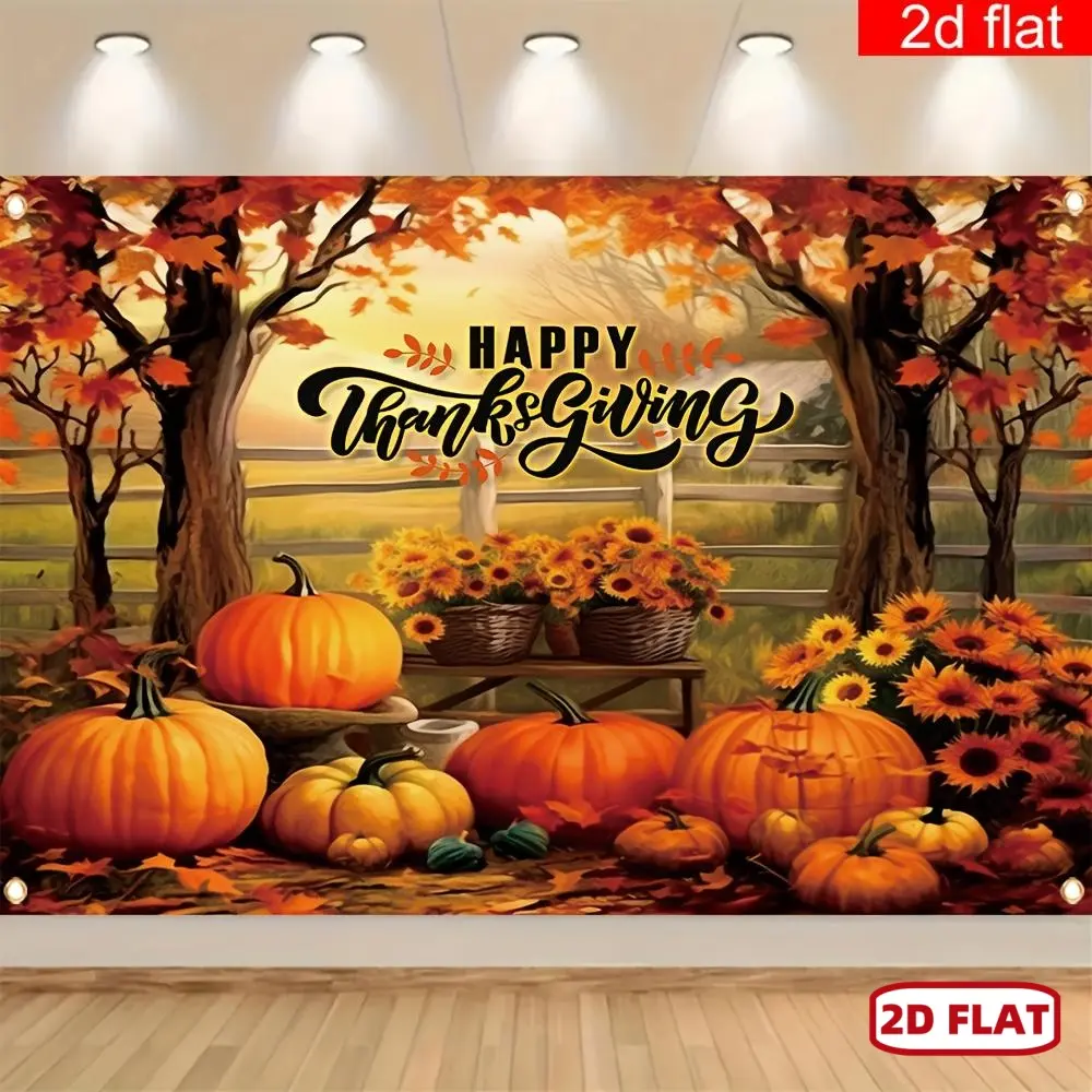 1-Piece 2D Flat Digital Print Thanksgiving Polyester Fabric Banner - Bright Color Wall Decoration with Maple Leaf, Pumpkin, Sunflower Designs, Durable Easy-Hanging Festive Backdrops & Banners for Autumn Home Party Supplies, Digital Print Festive Backdrops