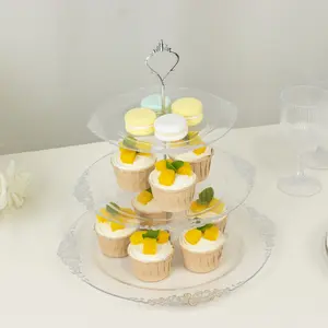 3-Tier Clear Plastic Cupcake Stand Holder with Silver Embossed Baroque Rim, Round Cake Dessert Display Stand Tiered Serving Tray with Top Handle - 13"