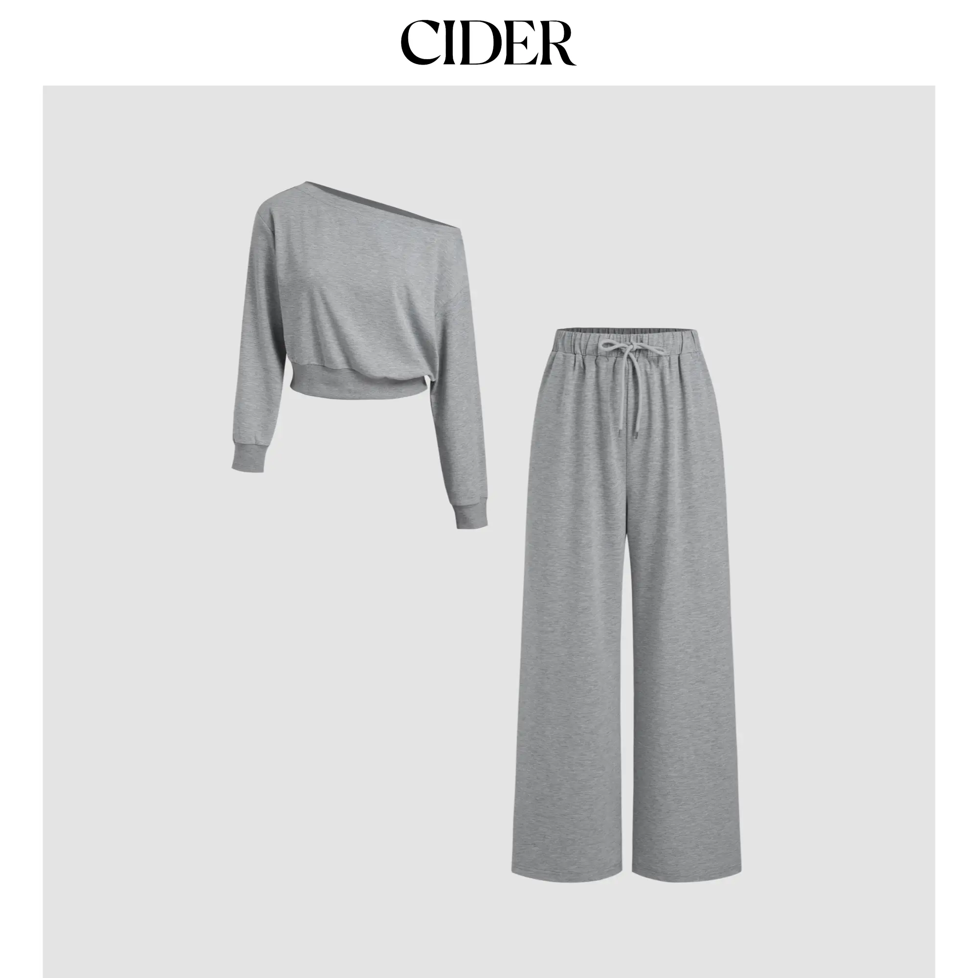 Cider Women's Casual 2-Piece Terry Clothes Set - Asymmetrical Neck Longsleeves Crop Top & Mid Waist Elastic Waist Knotted Wide Leg Trousers (Size 0-26, Plus Size), Lady, Basic