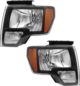 for 2009 F150 Pickup Headlight Assembly Compatible with 2009 2010 2011 2012 2013 2014 Ford F150 Pickup Clear Lens Black Housing with Amber Reflector Headlamp Replacement Left and Right Pair