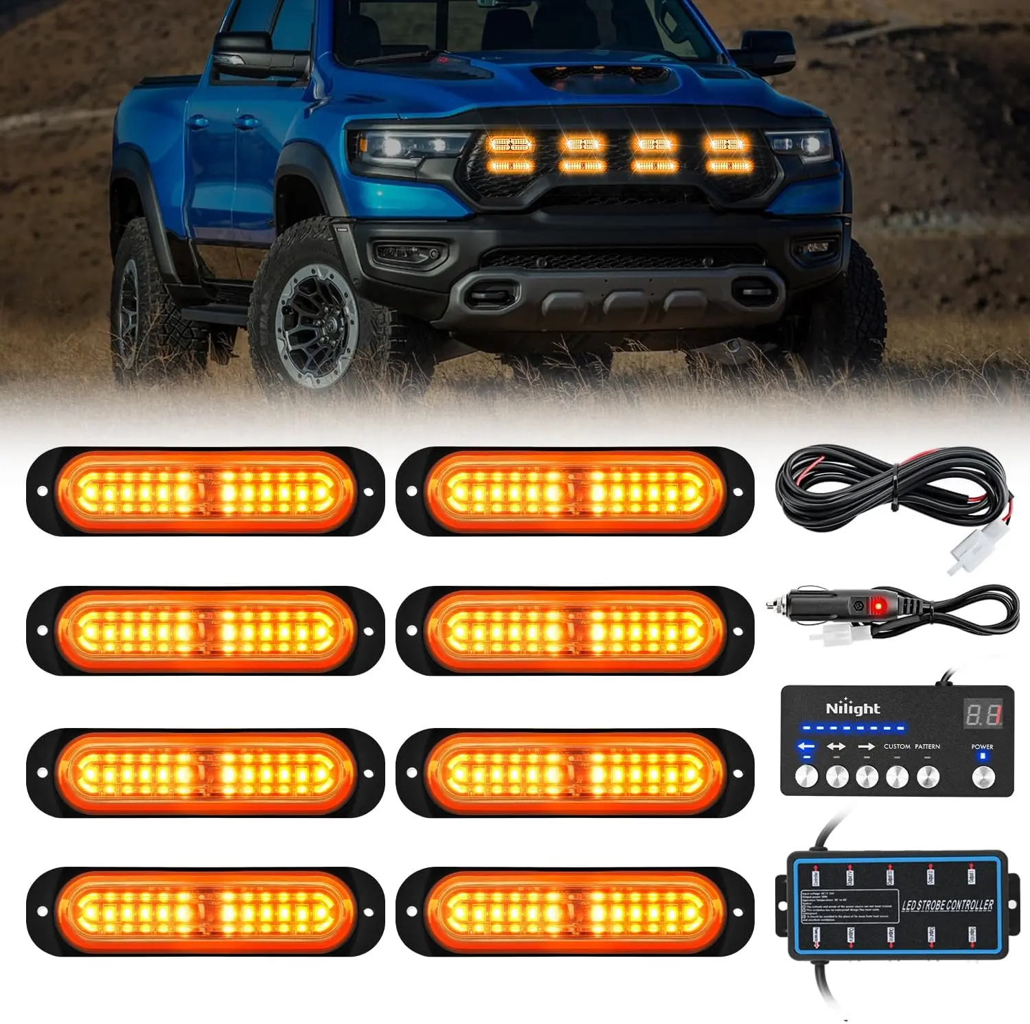 Nilight 8PCS 12-LED Bolt-On Surface Mount Strobe Light Kit - 12-24V Automatic Power Sync Controller, Aluminum Housing, Free Wiring, High Visibility Led Bar Light for Vehicle Safety, Trucks/RVs with Strobe Pattern
