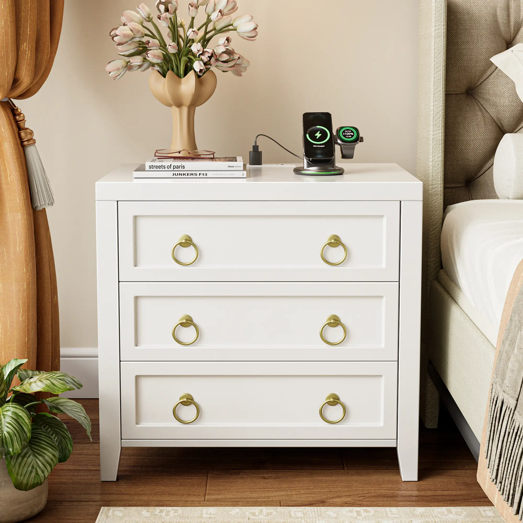 Huuger 23.6-Inch Large Wood Nightstand - 3-Drawer Minimalist Engineered Wood Bedside Table Cabinet with Sturdy Base, Charger Station, USB-C Port, Easy Setup for Modern Bedrooms