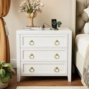 Huuger 23.6-Inch Large Wood Nightstand - 3-Drawer Minimalist Engineered Wood Bedside Table Cabinet with Sturdy Base, Charger Station, USB-C Port, Easy Setup, Modern Bedroom Side End Table