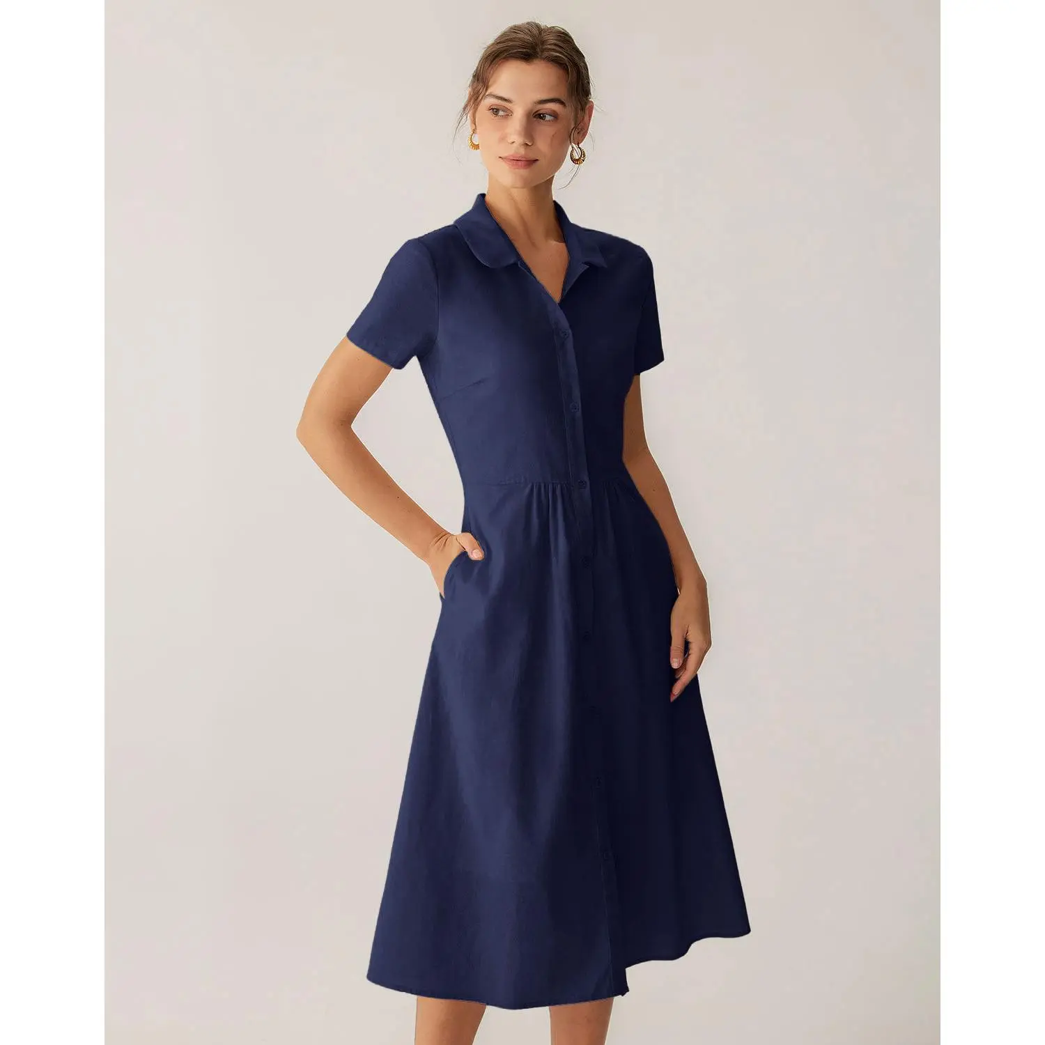 RIHOAS Women's Solid Navy Waisted Minimalist Linen-Cotton-Polyester Fabric Shirt Dress - Short-Sleeve, Casual Midi, With Pockets, Suitable for Office & Casual Wear Clothes