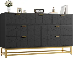 Gaomon 7-Drawer Black MDF Dresser with Groove Panel, Golden Metal Handles, Golden Metal Legs, Home Decor Items for Bedroom, Closet Storage Organizer