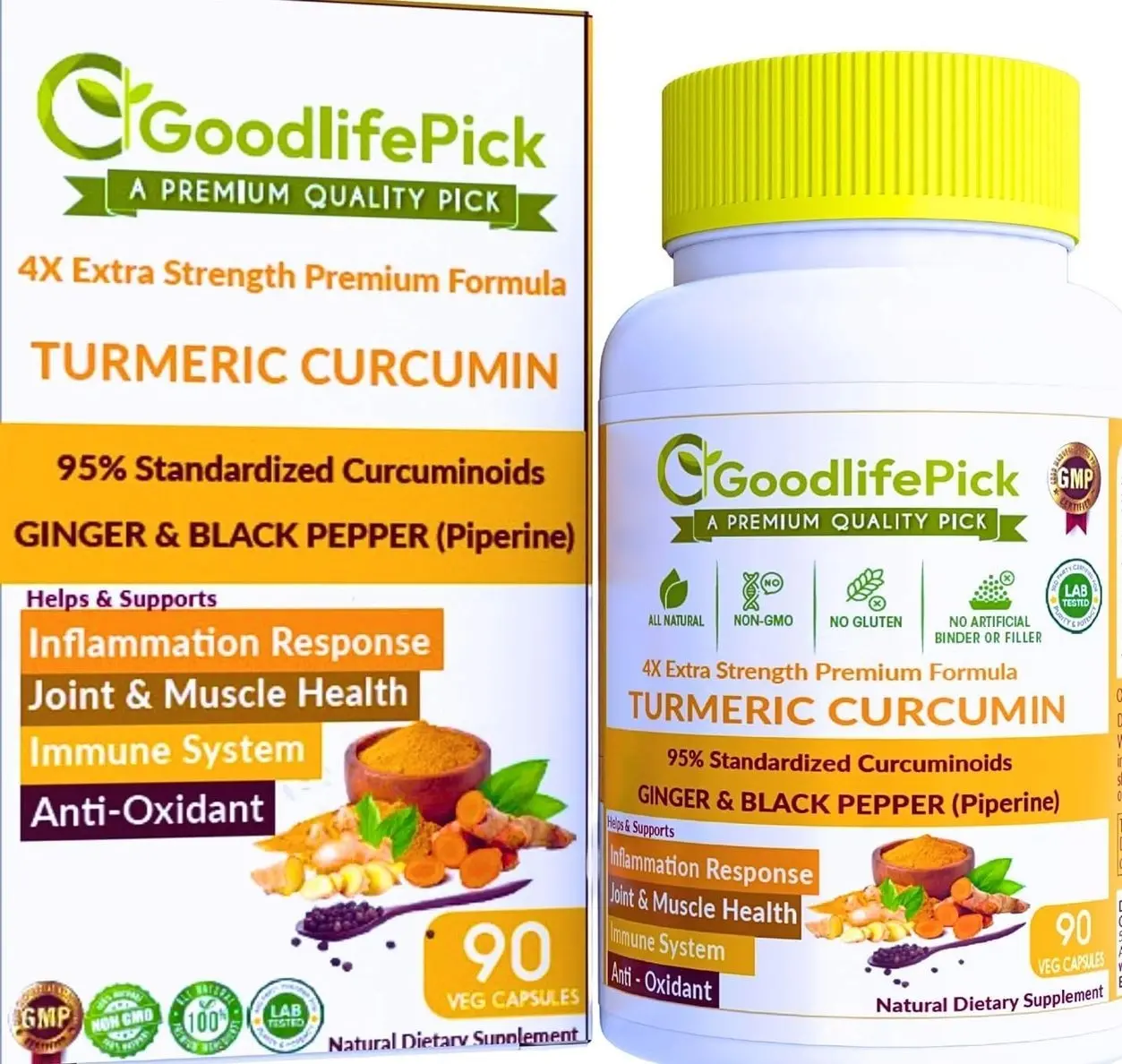 Premium Turmeric Capsules with Ginger and Black Pepper.Turmeric Supplement from Turmeric Curcumin 95% Curcuminoids & Ginger Root AllNatural NonGMO NO Rice Powder NO Stearate NO Silica NO Gluten 90ct