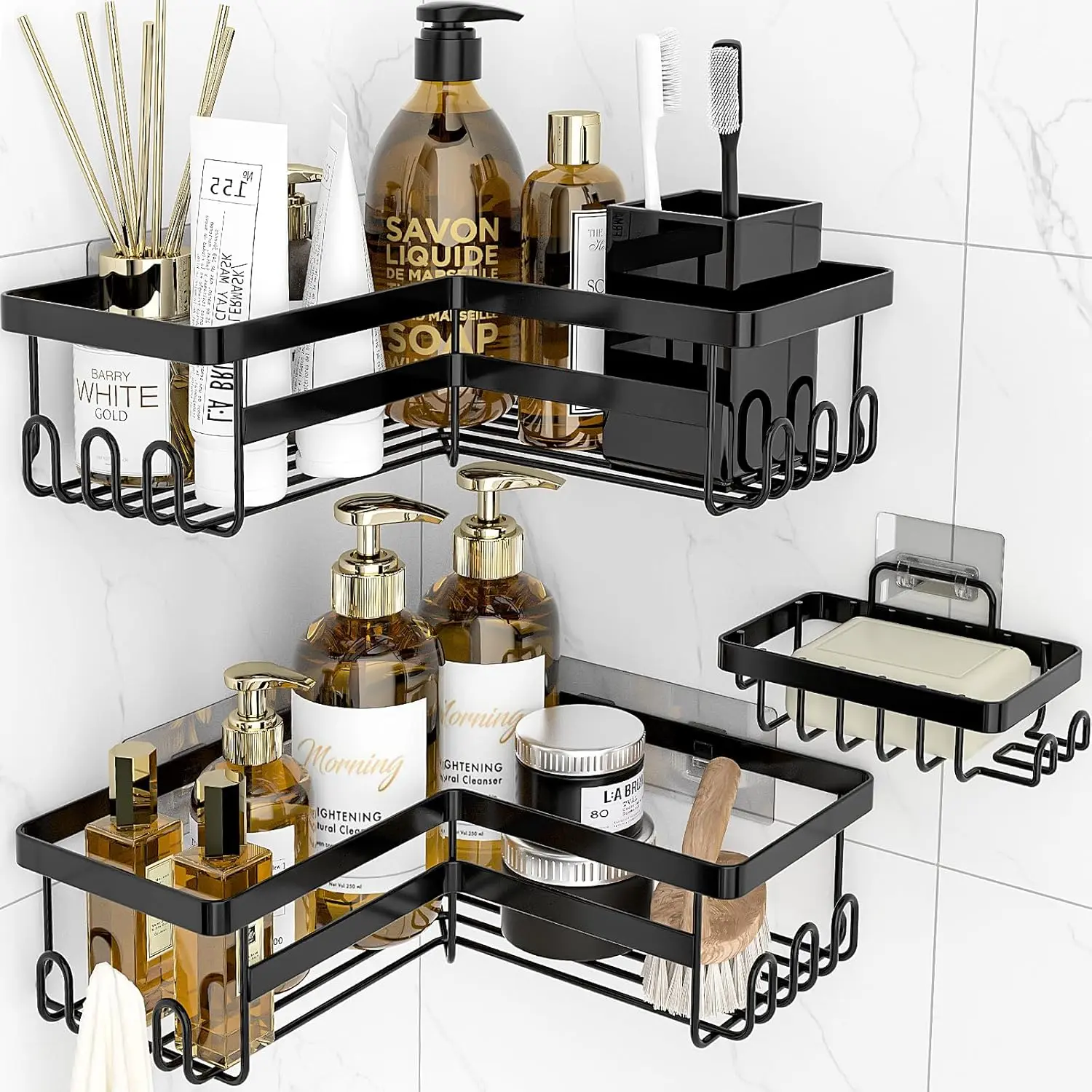 Corner Shower , 3 Pack Adhesive Bathroom Accessories with Soap Holder, Storage Stainless Shower Organizer Shelf with Hooks, No Drilling Shower Shelves for Bathroom, Dorm and Kitchen