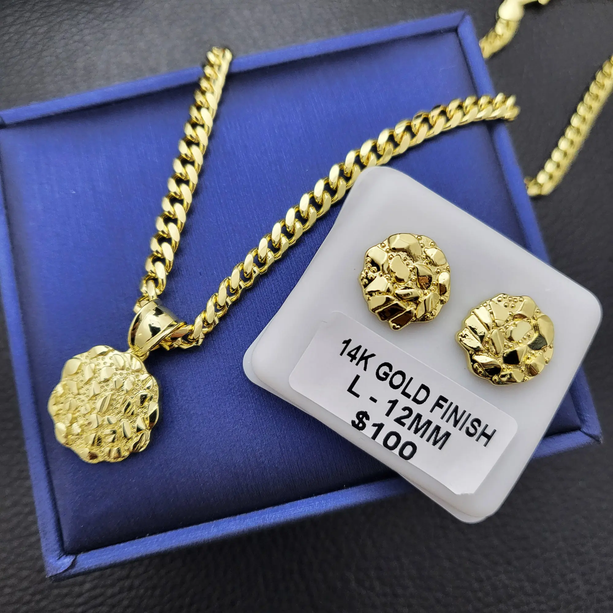 MaxBling81 Jewellery Gift Set, Unisex Gold-Plated Golden Nugget Heart Necklace and Stud Earrings with 20-Inch Cuban Chain, Birthday Accessories, Heart Shaped Earrings, Anniversary, Daily, Gift Ready, Necklaces, Nugget Earrings