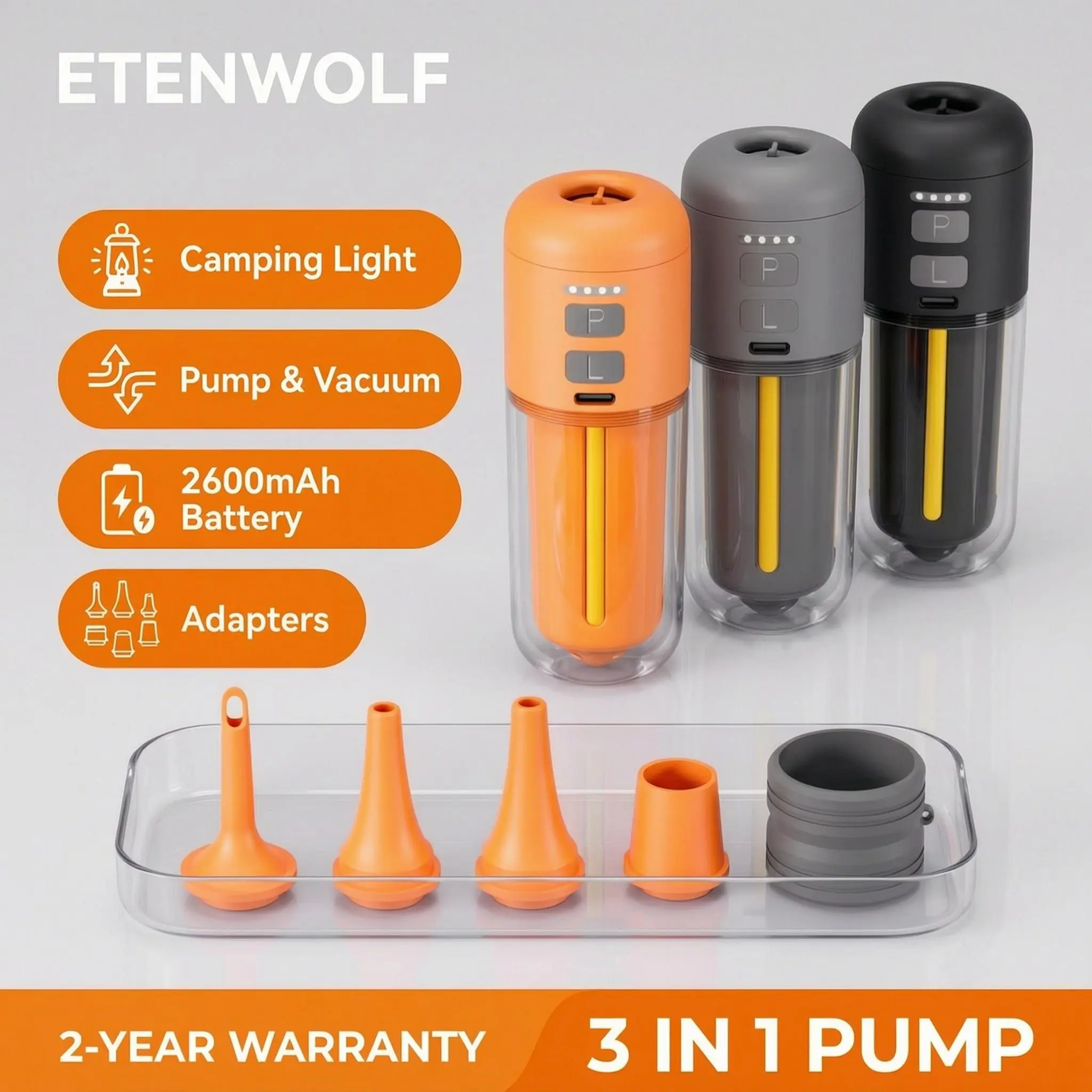 Must-Have Camping GearRechargeable Mini Portable Air Pump, 3 in 1 Inflation Deflation Vacuum Pump with LED Camping Light, 2600mAh Battery, 5 Nozzles, Fast Inflate for Air Mattress, Pool Float, Sleeping Pad, Vacuum Storage Bags Outdoor Camping Travel