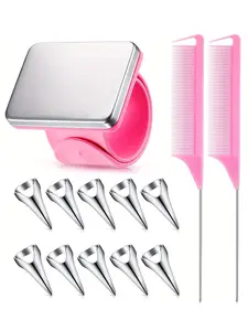 10 hair partition rings, 2 steel pointed tail braided hair combs, paired with magnetic wrist straps, are a specialized needle comb set for braided hair styling, Durable