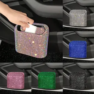 Square Pressed Car Trash Can With Shiny Diamonds Decor Pet Waste Storage Box For Car Accessories Stowing And Tidying