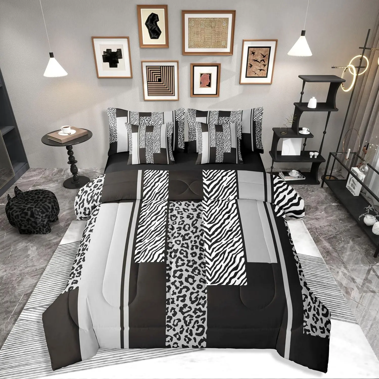 Feelyou 7-Piece Queen Comforter Set - Decorative Bedding Set, Microfibre Comforter with Sheets, Grey Black Animal Prints (Leopard, Zebra, Cheetah, Geometric Stripes), Machine Washable, Home Room Decor for Adults, Animals