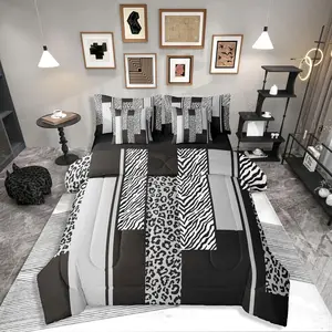 Grey Black Leopard Print Stripes 7 Piece Bedding Set,Zebra Cheetah Fur Pattern Comforter Bed Set with Sheets,Wild Animal Skin Bed Bag,Geometric Adults Bed Set
