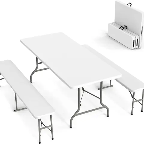 VINGLI Picnic Table Set with 2 Benches, 6 Feet Camping Table Chair Set,3-Piece Folding Furniture for Indoor or Outdoor Use, Smooth Tabletop, White