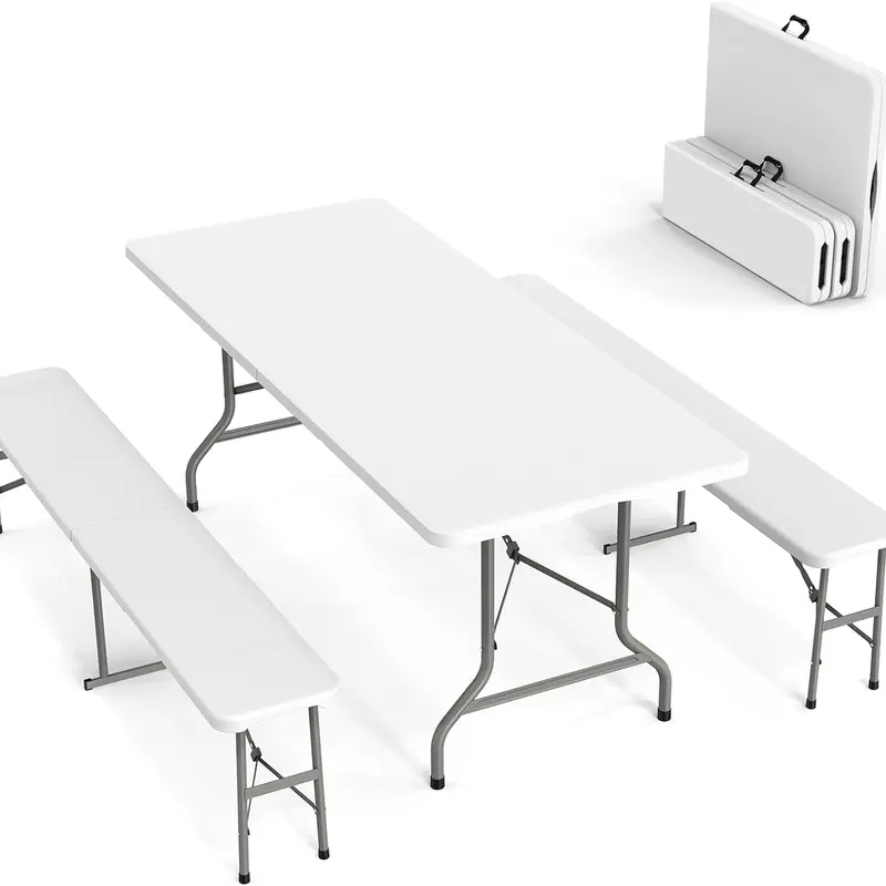 VINGLI Picnic Table Set with 2 Benches, 6 Feet Camping Table Chair Set,3-Piece Folding Furniture for Indoor or Outdoor Use, Smooth Tabletop, White