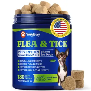 YoYoBay Flea & Tick Support for Dogs Chews, 180 Soft Chews, Support with Shield 5-in-1 Blend, Neem & Coconut Oil, Natural Fleas and Ticks Protection, Skin & Coat Health Support, Lamb & Apple Flavor