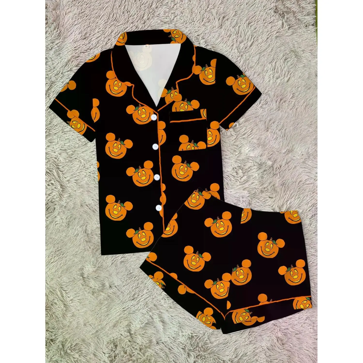 Women's Halloween Cartoon Print Pajama Set - Cute and Funny Sleepwear, 2-Piece Short Sleeve Loungewear, Fitted and Above the Knee, Perfect All-Season Gift