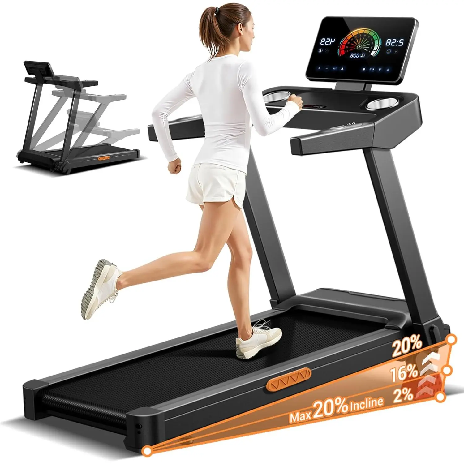 Treadmill with 20% Incline, Treadmills for Home 400 lb Capacity, 3.5HP Quiet Brushless, Folding Treadmill with Handle & Pulse Sensors, Running Machine for Home, 0.6-8.7MPH Speed Range