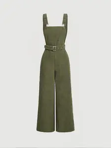 Women's Casual Corduroy Overalls, Adjustable Shoulder Straps, Loose Fit Pantsuit, Comfortable Fashion Style, Elastic Waist Long Pants