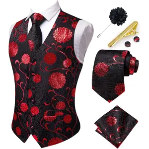 2026 Mens Suit Vest and Tie Set V-Neck Silk Paisley Formal Waistcoat Necktie Pocket Square Set for Wedding