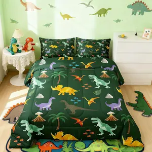 Dinosaur Bedding Set,3D Digital Print Comforter Set Jungle Dino Duvet Quilt Microfiber Tropical Pamle Tree Bedroom Decor Green Blue Yellow