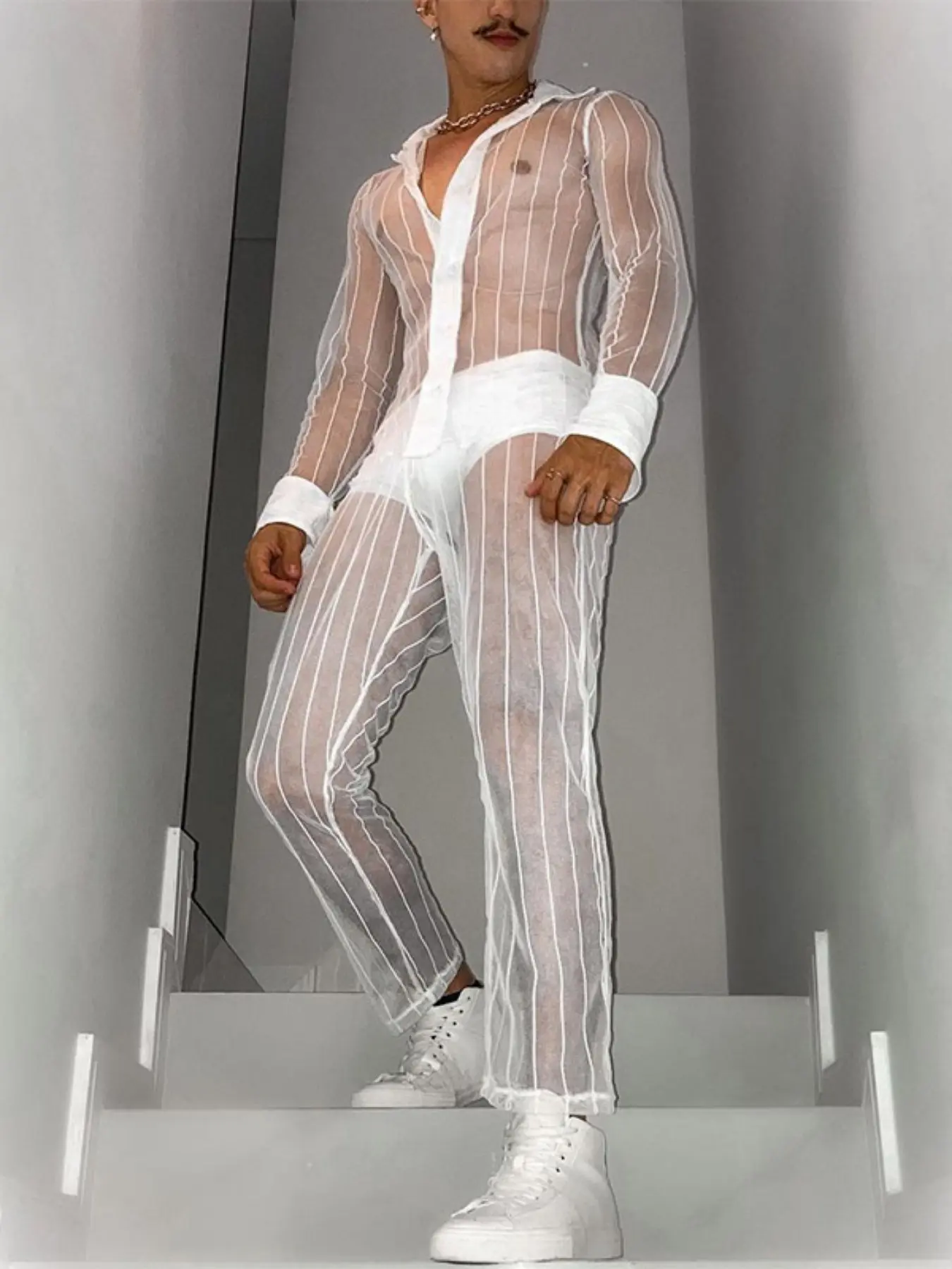 INCERUN Men's Simple Striped Transparent Fabric Long Sleeve Shirt + Pants Two-Piece Set, Suitable For Daily Wear, Stylish, Casual and Comfortable Clothes