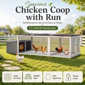 Large Walk In Wooden Chicken Coop 20.93 Sq Ft Poultry Cage Outdoor Hen House with Nesting Box Weatherproof Roof and Secure Metal Mesh Run Predator Proof Enclosure for Backyard Farm Homestead Essentials Lifestyle Solutions