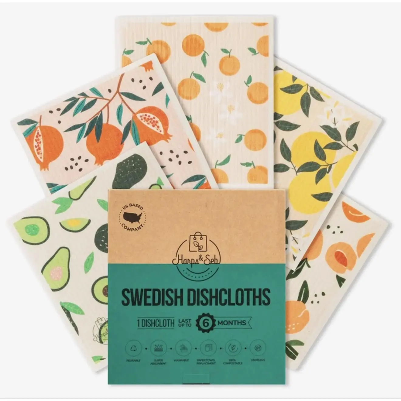 Oluni Home Reusable Cleaning Cloths - 5-Piece Eco-Friendly Cellulose Cotton Set for New Apartment Indoor Use, Absorbent with Lemon, Orange, Avocado, Pomegranate Citrus Designs, Kitchen Essentials